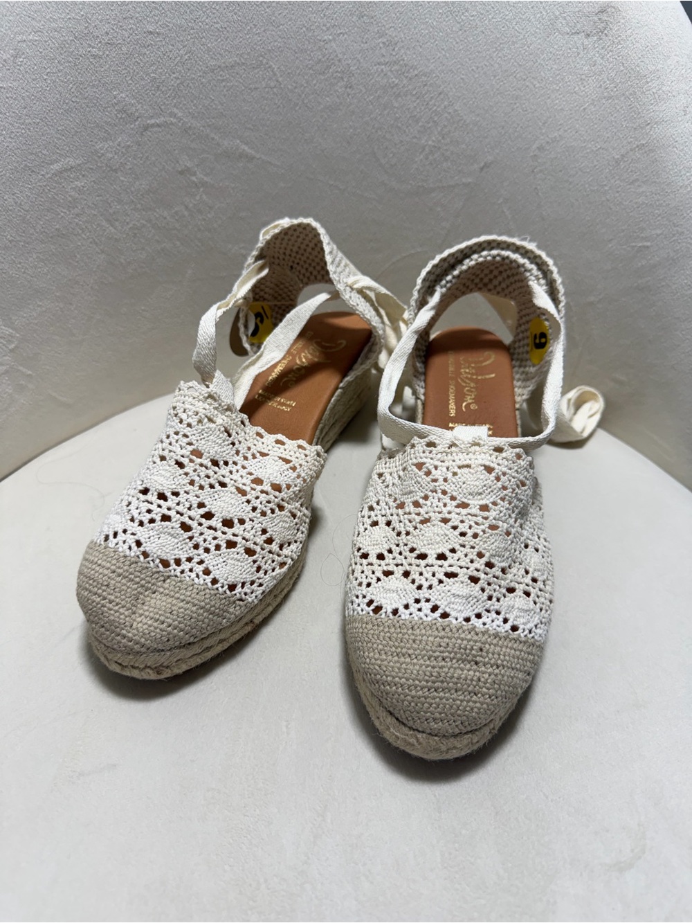 NWT Dalson Espadrille Crochet Lace Wedge Sandals Ankle Tie Ecru Size 9